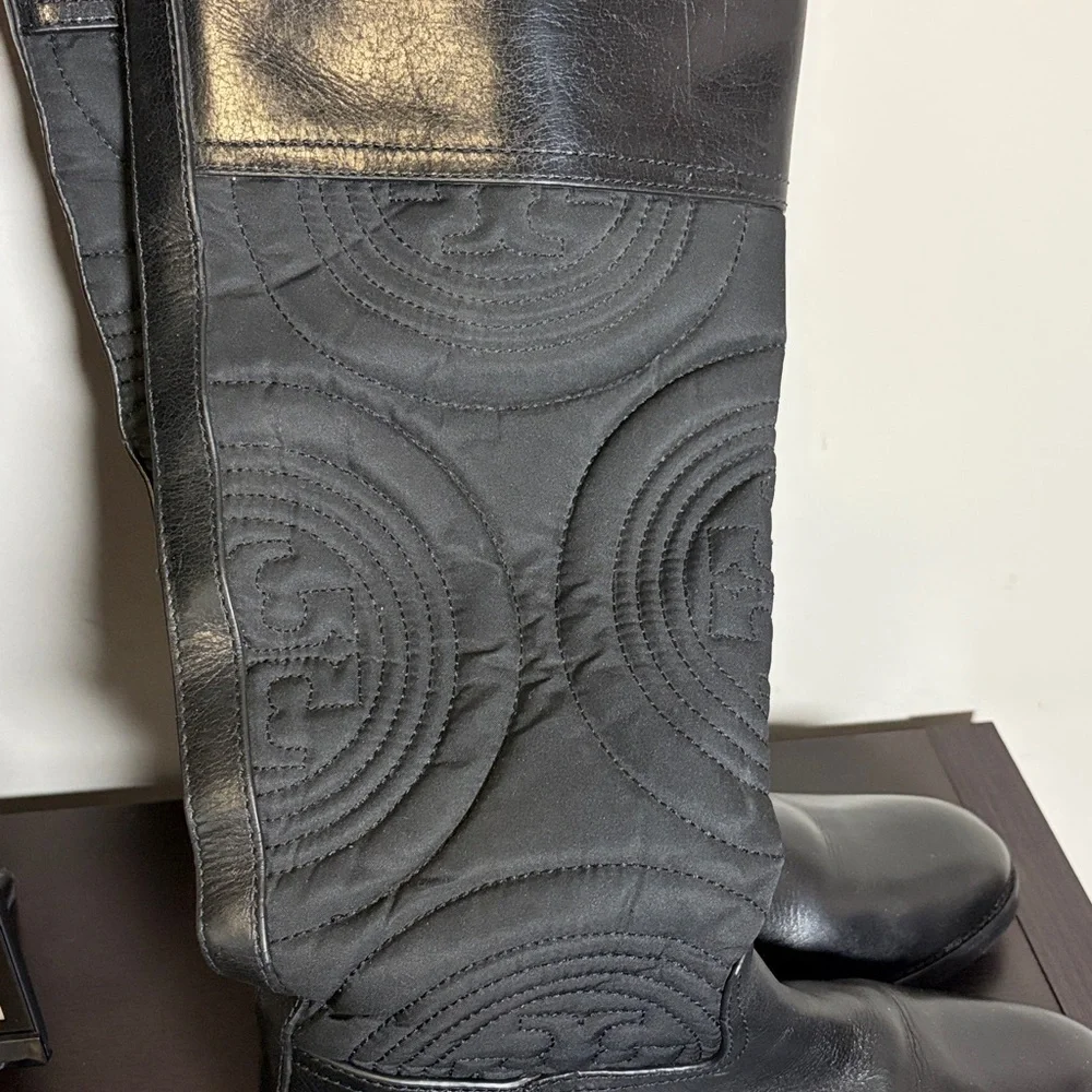 TORY BURCH Quilted Black Riding Boots Leather Logo Tall Deaigner Sz 8
